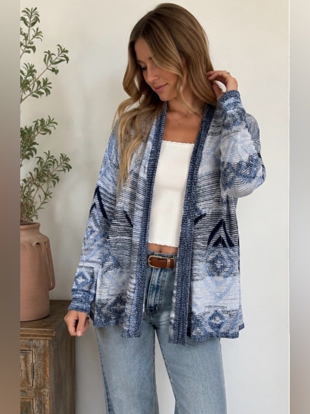 Maurices Blue & White Open Front Aztec Cardigan Sweater Y2K | Size Medium